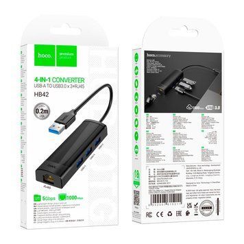 HUB адаптер Hoco Easy safety 4-in-1 Gigabit Ethernet Adapter HB42 |USB to USB3.0x3+RJ45||L=0.2M|(UPD) Black 4273 фото