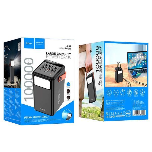 Портативная батарея HOCO Surpass fully compatible power bank J142 100000mah |6USB/2Type-C, 22.5W/3A, PD/QC| (UPD) Black 7081 фото