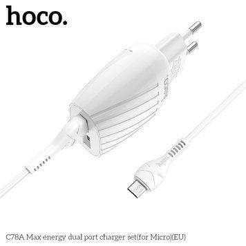 МЗП Hoco Micro USB Cable Max energy C78A |2USB, 2.4A|(шнур) (UPD) White 1815 фото