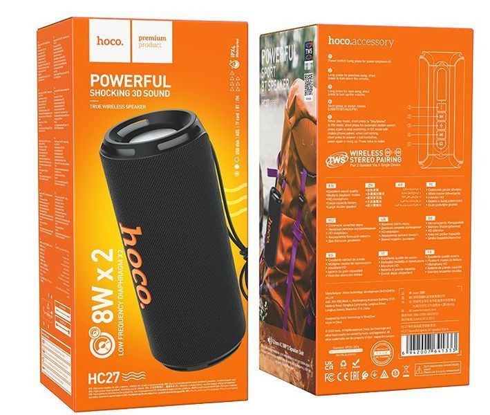Портативна колонка HOCO soundful sports BT speaker HC27 IPX4 |8Wx2, TWS/USB/TF/FM| (UPD) Black 3980 фото
