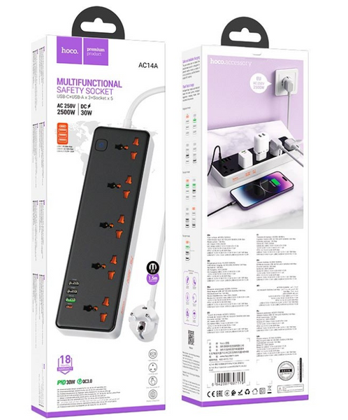 Подовжувач мережевий HOCO Rico 5-position socket AC14A |1,5 метра/3USB/1Type-C, PD/QC, 3A/30W| (UPD) White 2294 фото