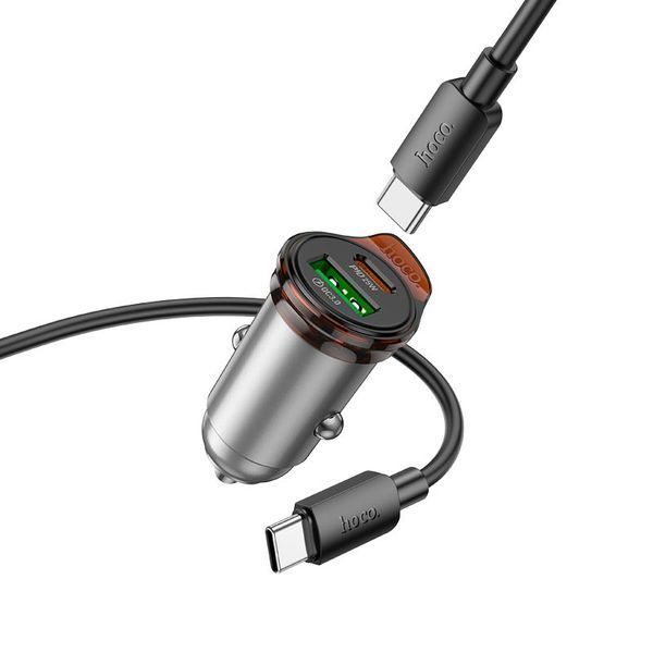 Адаптер автомобільний HOCO Rigorous dual port car charger NZ16A (Type-C to Type-C set) |1USB/1Type-C, 43W/3A, PD25W/QC (UPD) Metal-grey 5786 фото