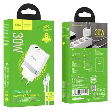 МЗП HOCO N21 Extension speed PD30W+QC3.0 charger set(Type-C to Type-C) White 1601 фото