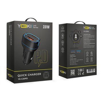 АЗП Yoki Led Series YK-C20 PD/QC 20W, Quick charger, USB+Type-C (MM) Black 5189 фото