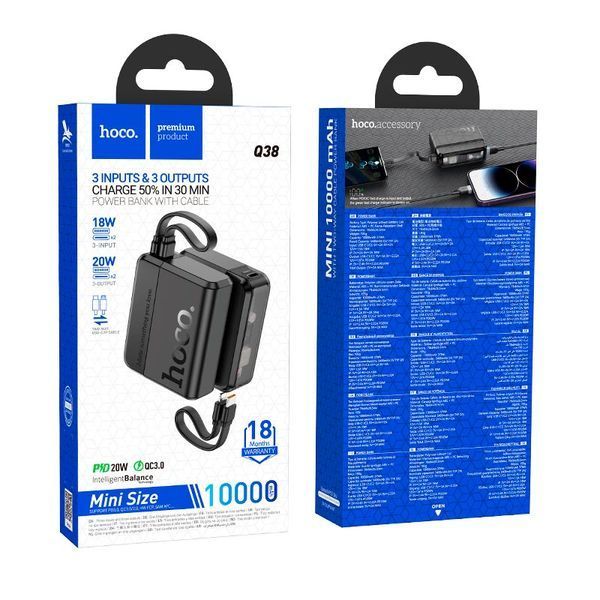 Портативна батарея HOCO Excellent PD power bank with two-way cable 10000mAh Q38 |2Type-C/1Lightning, 20W/3A, PD/QC| (UPD) Black 7144 фото