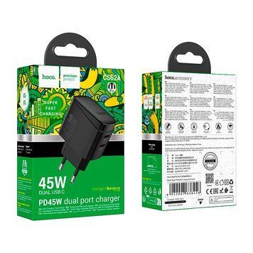 МЗП HOCO Bright PD charger CS62A |2Type-C, 45W/3A| (UPD) Black 4035 фото