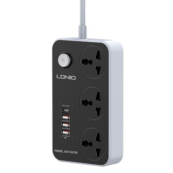 Подовжувач мережевий LDNIO SC3412 POWER Socket |2500W, 2M, 3Sockets, 3USB/1Type-C, QC/PD, 3A/38W| (UP) Black 1951 фото