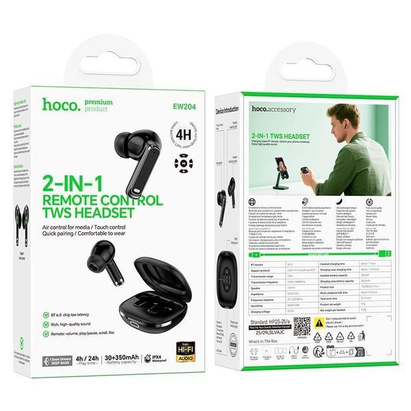 Бездротові навушники HOCO Verso true wireless BT headset with remote control EW204 IPX4 |BT6.0, 30/350mAh, 4h| (UPD) Black 7494 фото