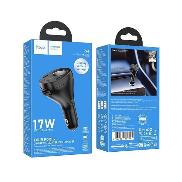 Адаптер автомобильный HOCO Correct three-port cigarette lighter car charger Z61 |2Type-C/1USB/1DC, 17W| (UPD) Black 7495 фото