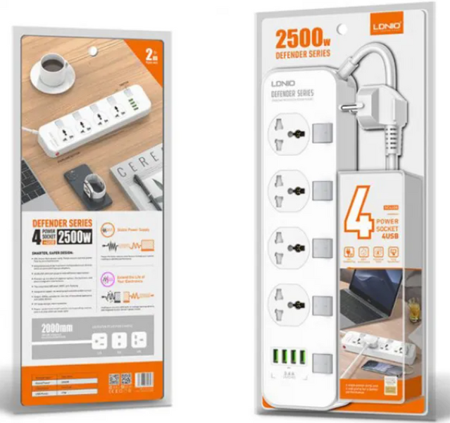Удлинитель сетевой LDNIO SC4408 2500W, 2m EU plug, 4USB, 4 Sockets 3.4A| (UP) White 1950 фото