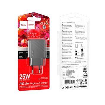 МЗП HOCO Cable Puerto single-port charger CS24A |1Type-C, 25W/3A| (UPD) Black 3988 фото
