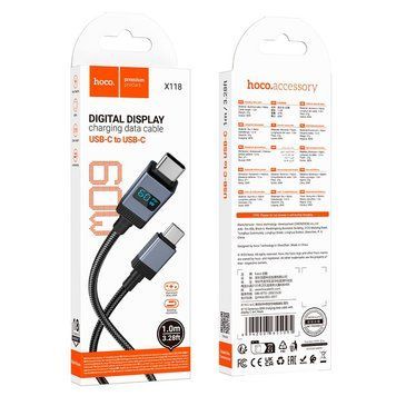 Кабель HOCO Type-C до Type-C Generic charging data cable with display X118 |1m, 60W| (UPD) Black 7199 фото