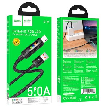 Кабель Hoco Type-C Lantern charging data cable U126 |1.2m, 5A| (UPD) Black 2891 фото