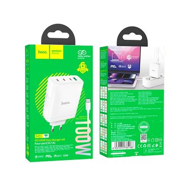 МЗП HOCO Leader fast charger set N31 100W |4Type-C/1USB, 100W/5A, PD/QC| (КАБЕЛЬ Type-C - Type-C) (UPD) White 3197 фото