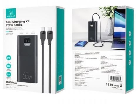 Портативна батарея Usams US-CD185 PB68 PD3.0 65W + QC3.0 30000 mAh Fast Charging Digital Display Power Bank+Type-C To Type-C PD 100W (KT) Black 3922 фото