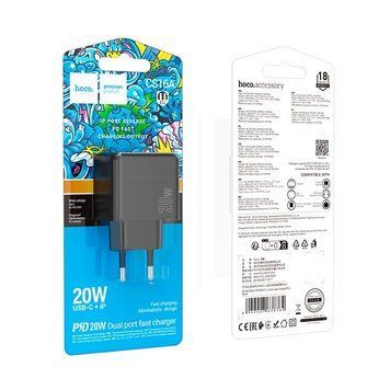 МЗП HOCO Wish two-way charger CS16A |1Type-C+1Lightning, 20W/3A| (UPD) Black 3990 фото
