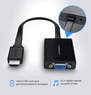 Адаптер UGREEN MM103 HDMI to VGA Converter 25cm (Black) (UGR-40248) (KT) 5245 фото