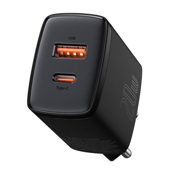 МЗП Baseus Compact Quick Charger 20W QC+ PD (1Type-C + 1USB) (EN) Black 1736 фото