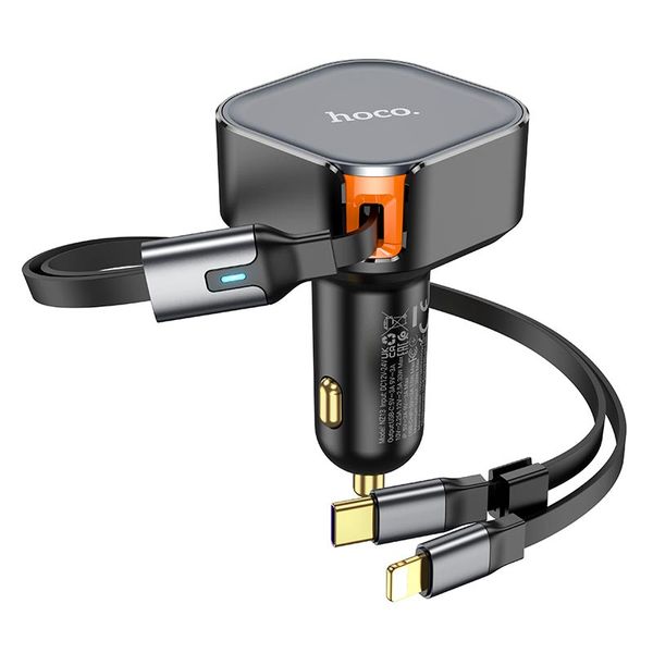 Адаптер автомобільний Hoco Clever PD30W car charger with telescopic cable NZ13 (Type-C+iP) (UPD) Black 2876 фото