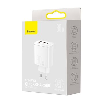 МЗП Baseus Compact Quick Charger 30W QC+ PD (1Type-C + 2USB) (EN) White 1514 фото