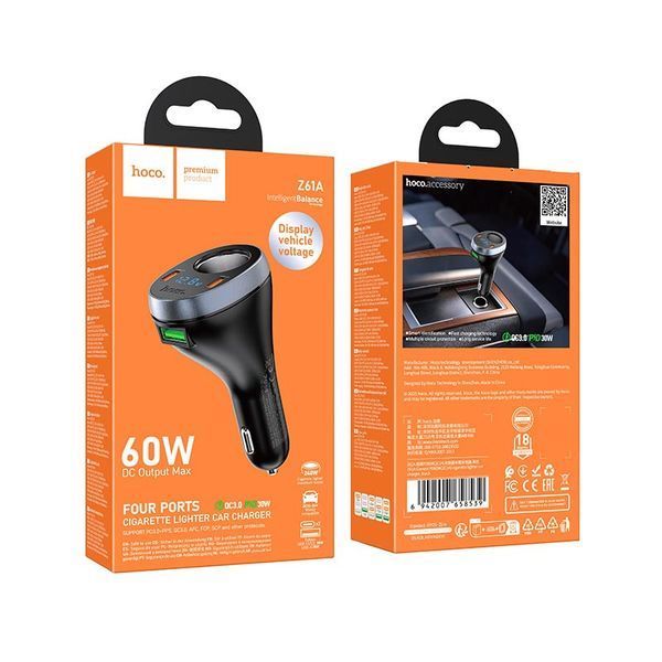АЗП HOCO Correct cigarette lighter car charger Z61A |2Type-C/1USB/1DC, 60W, PD/QC| (UPD) Black 7153 фото