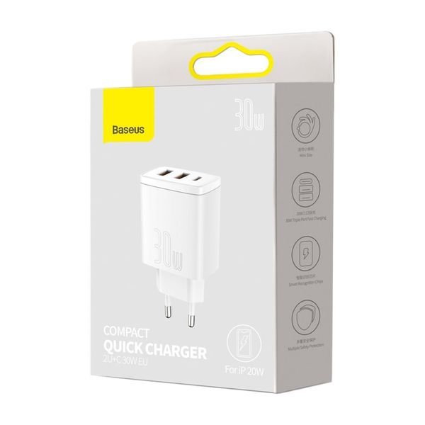 МЗП Baseus Compact Quick Charger 30W QC+ PD (1Type-C + 2USB) (EN) White 1514 фото