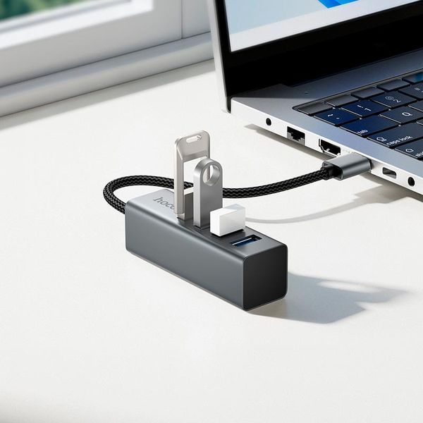 Hub адаптер HOCO 4-in1 converter (USB to USB3.0*4) HB1B |0.2m. 5Gbps| (UPD) Metal Grey 7354 фото