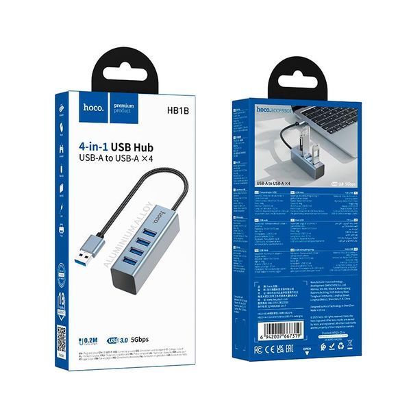 Hub адаптер HOCO 4-in1 converter (USB to USB3.0*4) HB1B |0.2m. 5Gbps| (UPD) Metal Grey 7354 фото