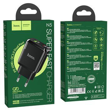 МЗП Hoco N5 Favor dual port PD20W+QC3.0 charger (UPD) Black 2794 фото