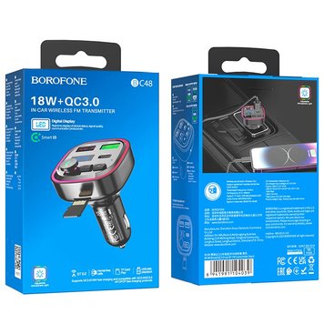 АЗП Borofone Broad QC3. 0 car BT FM transmitter BC48 |2USB/Type-C, 18W/3A| (UPD) Black 2559 фото