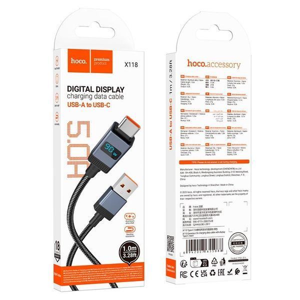 Кабель HOCO Type-C Generic charging data cable with display X118 |1m, 5A| (UPD) Black 7506 фото