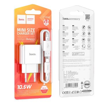 МЗП HOCO Leisure Micro USB cable C106A |1USB, 10.5W/2.1A|(шнур) (UPD) White 1810 фото