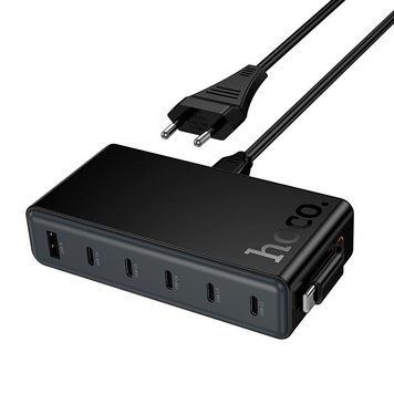 МЗП HOCO Modern PD desktop charger with telescopic cable C151A |1USB/6Type-C, 50W/3A, PD/QC| (UPD) Black 7532 фото