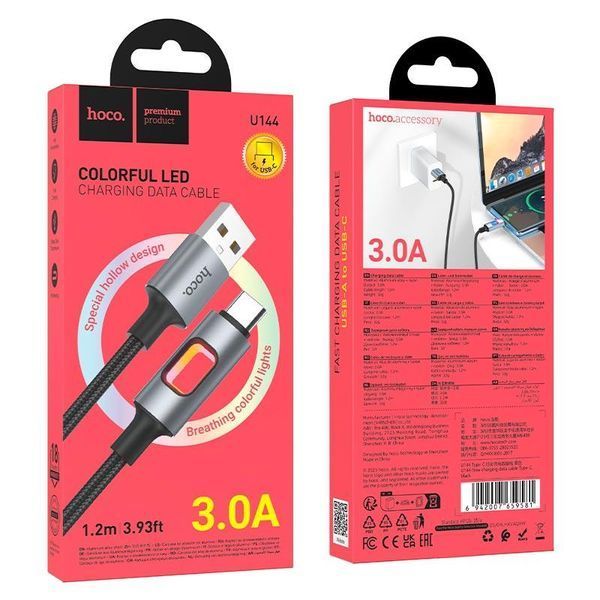 Кабель HOCO Type-C New charging data cable U144 |1.2m, 3A| (UPD) Black 7083 фото