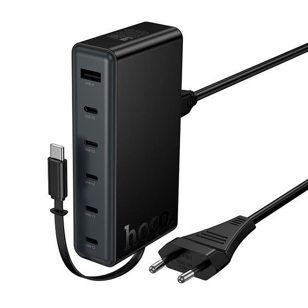 МЗП HOCO Modern PD desktop charger with telescopic cable C151A |1USB/6Type-C, 50W/3A, PD/QC| (UPD) Black 7532 фото