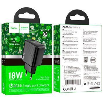 МЗП HOCO rich single Port charger CS21A |1USB, 18W/3A, QC| (UPD) Black 2778 фото