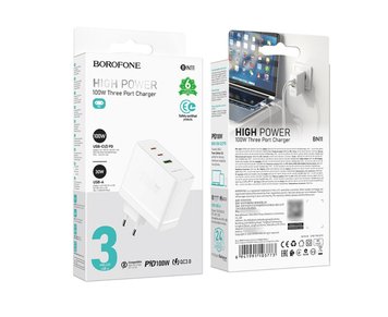 МЗП Borofone Fortune BN11 Imperial PD100W GaN three-port (2C1A) charger (MM) White 3233 фото