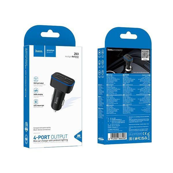 Адаптер автомобильный Hoco Barry four-port Car charger Z63 2USB/2Type-C, 15W/3A| (UPD) Black 7361 фото