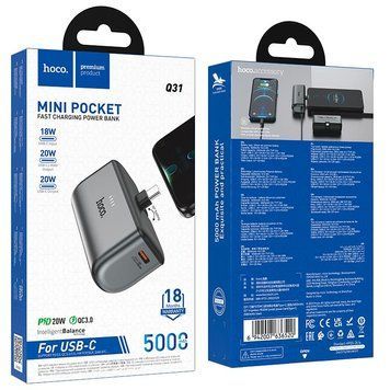 Портативная батарея HOCO Ingenious PD (Type-C) pocket power bank Q31 5000mAh | 1Type-C, 20W/3A| (UPD) Silver 6263 фото