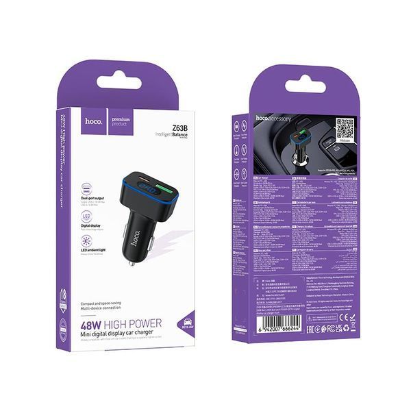 Адаптер автомобильный Hoco Barry Dual port Digital Display Car Charger Z63B | 1USB/1Type-C, 48W/3A, PD/QC| (UPD) Black 7363 фото