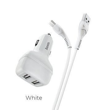 Адаптер автомобільний Hoco microUSB Cable Leader Z36 |2USB, 2.4A| (шнур)(UPD) White 1797 фото