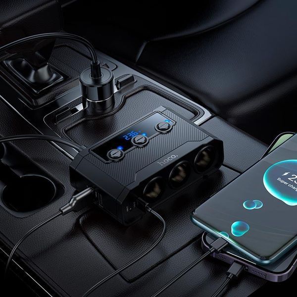 Адаптер автомобильный Hoco Anshun digital display 3-in-1 cigarette iighter car charger Z64 2USB/2Type-C, 15W USB+240W DC (UPD) 7364 фото