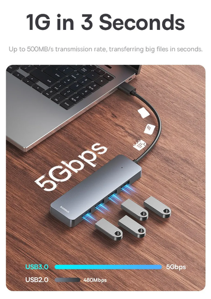 HUB Baseus UltraJoy Series 4-Port HUB Lite 15cm (USBA to USB3.0*4+ Type-C) (MM) Grey 5966 фото