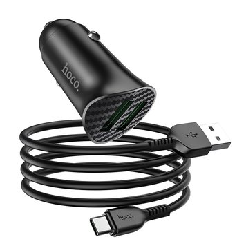 Адаптер автомобильный HOCO Type-C cable Farsighted dual port QC3.0 car charger set Z39 |2USB, QC3.0, 3A/18W|(шнур) (UPD) Black 1798 фото