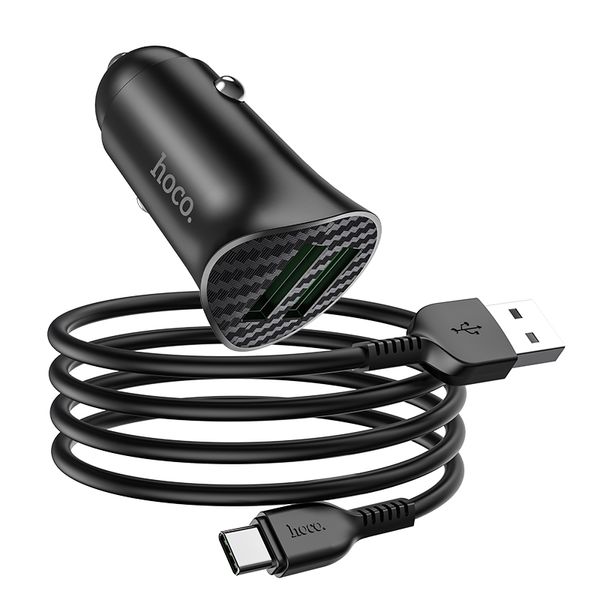 Адаптер автомобільний HOCO Type-C cable Farsighted dual port QC3.0 car charger set Z39 |2USB, QC3.0, 3A/18W|(шнур) (UPD) Black 1798 фото