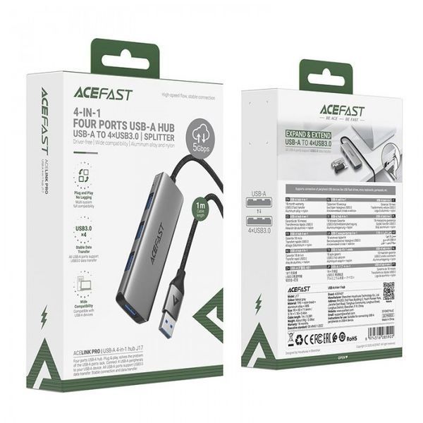 HUB адаптер ACEFAST USB-A 4-in-1 HUB J17 |1m, 5Gbps| (UPD) Black 7516 фото