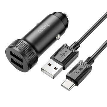 Адаптер автомобильный Hoco Type-C Cable Level dual port Car charger Z49 | 2USB, 12W, 2.4A | (шнур) (UPD) Black 2182 фото