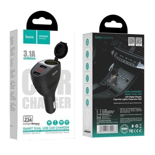 Адаптер автомобільний HOCO Thunder Power Cigarette Lighter with display Z34 |2USB, 3.1A, input:12-24V, LED дісплей, Fast Charge| (UPD) Black 4109 фото