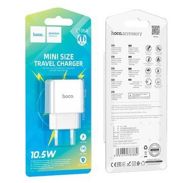 МЗП HOCO Leisure single port charger C106A | 1USB, 10.5W/2.1A | (UPD) White 1809 фото