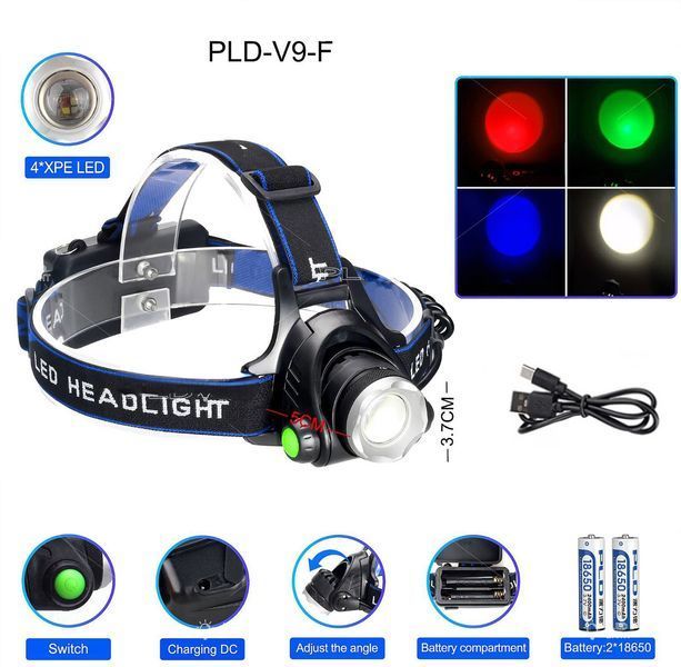 Ліхтар налобний PLD-V9-F-4XPE(White+Red+Blue+Green), 2x18650, ЗП Type-C, zoom, Box (Balog) 7384 фото